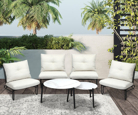 6/8PCS Outdoor Sofa Set 2-in-1 Coffee Table with Chairs, Beige Grey