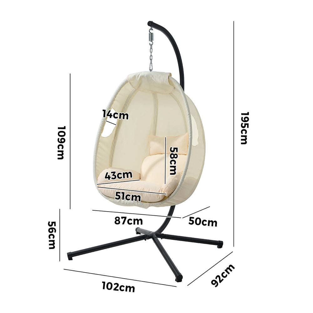 Outdoor Egg Hanging Chair Swing Seat with Stand Cushions Beige & Grey