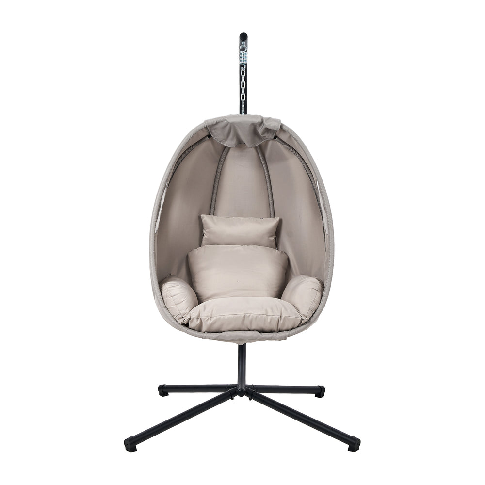 Outdoor Egg Hanging Chair Swing Seat with Stand Cushions Beige & Grey