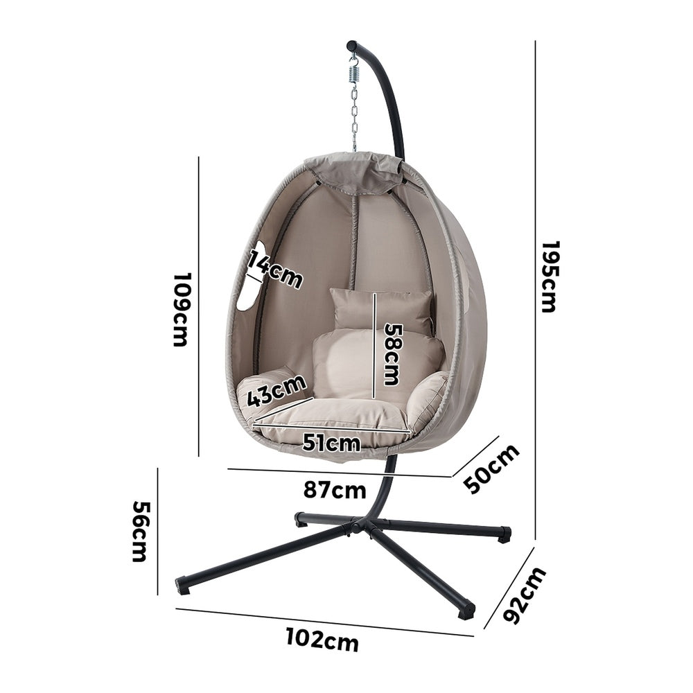 Outdoor Egg Hanging Chair Swing Seat with Stand Cushions Beige & Grey