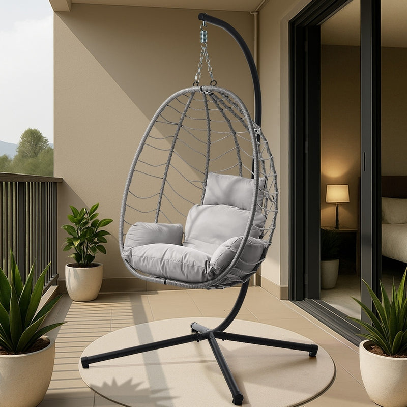 Outdoor Rattan Hanging Chair Porch Swing Chair Egg Seat Black & Grey, Rattan finish