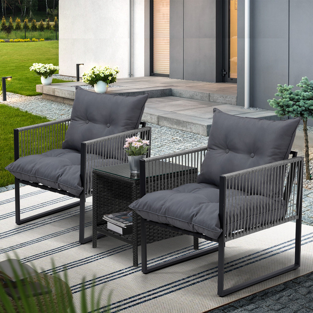 3PCS Outdoor Patio Set Wicker Table Chairs with Cushions