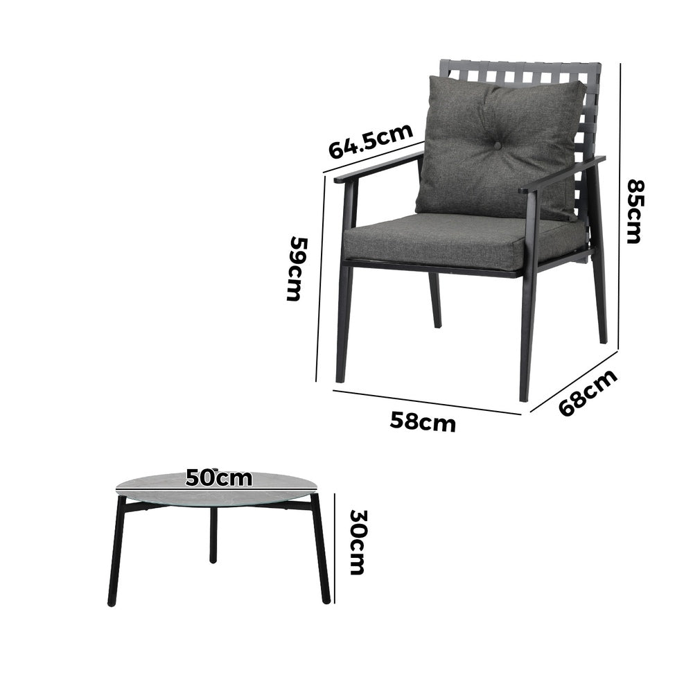 3PCS Outdoor Patio Set 50CM Grey Marble Table Rattan Chairs