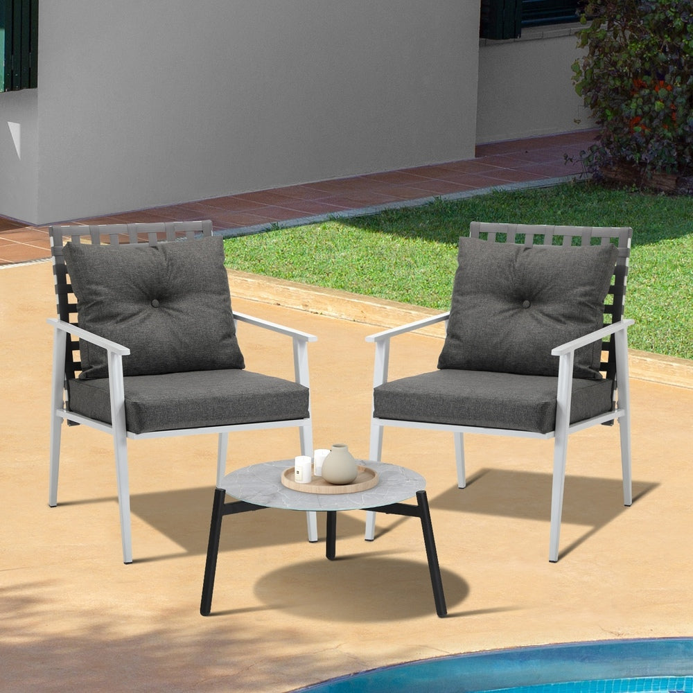 3PCS Outdoor Patio Set 50CM Grey Marble Table Rattan Chairs