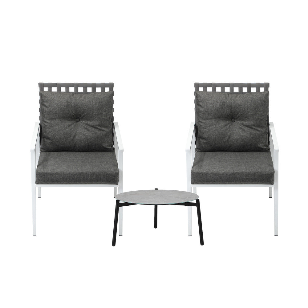3PCS Outdoor Patio Set 50CM Grey Marble Table Rattan Chairs