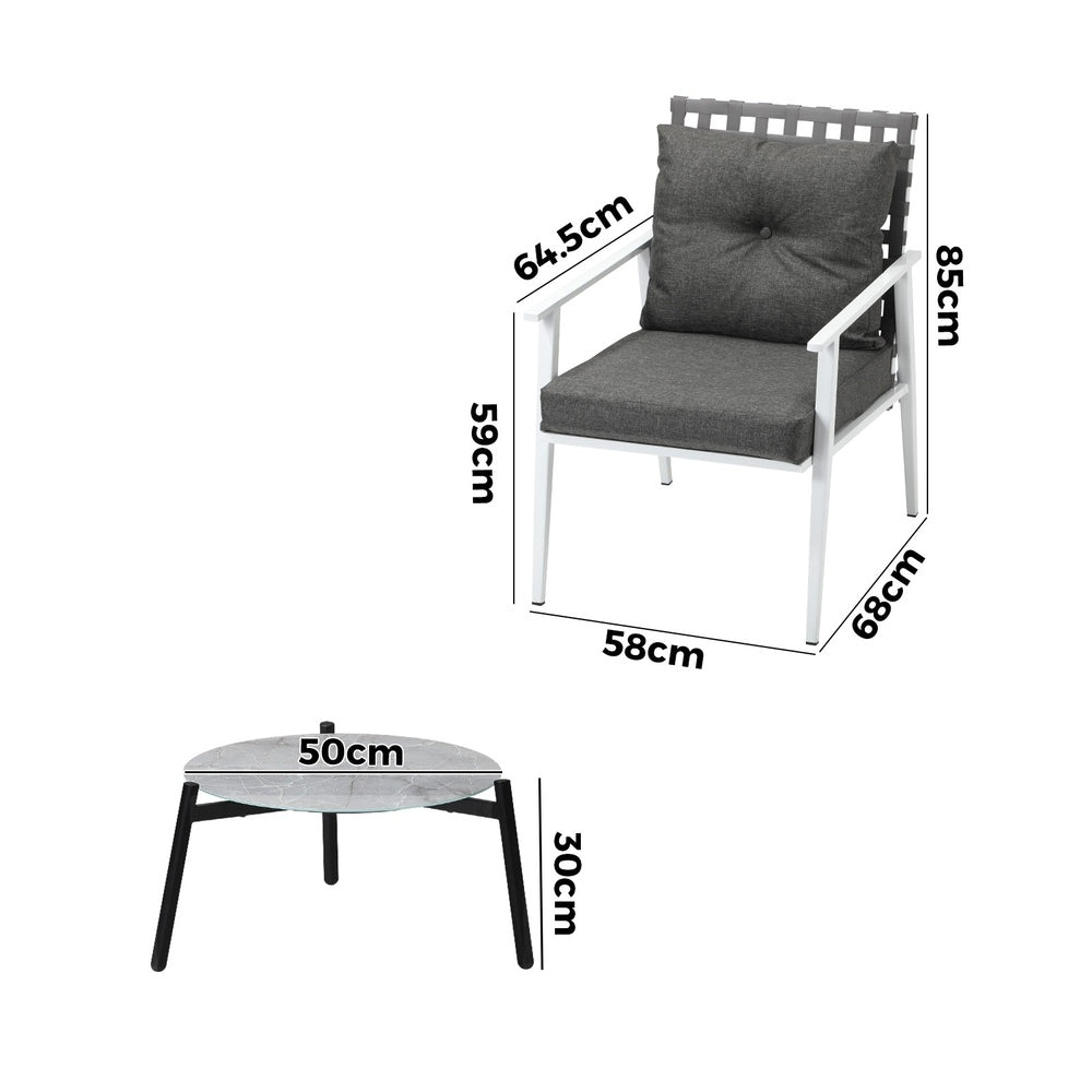 3PCS Outdoor Patio Set 50CM Grey Marble Table Rattan Chairs