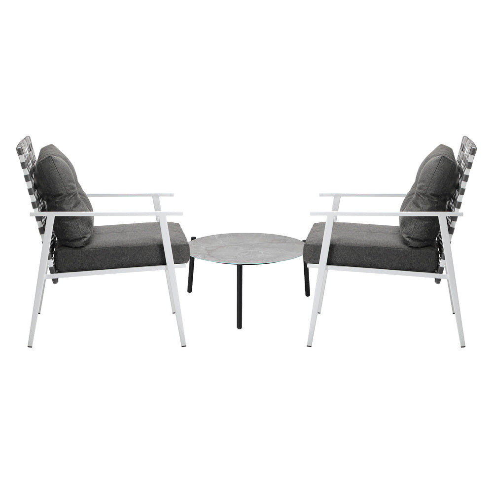 3PCS Outdoor Patio Set 50CM Grey Marble Table Rattan Chairs
