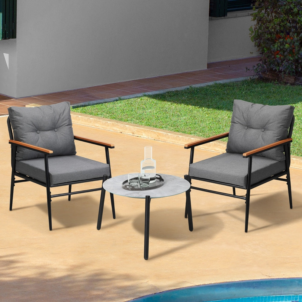 3 Piece Outdoor Patio Set 50cm Table Grey and Black Armchair