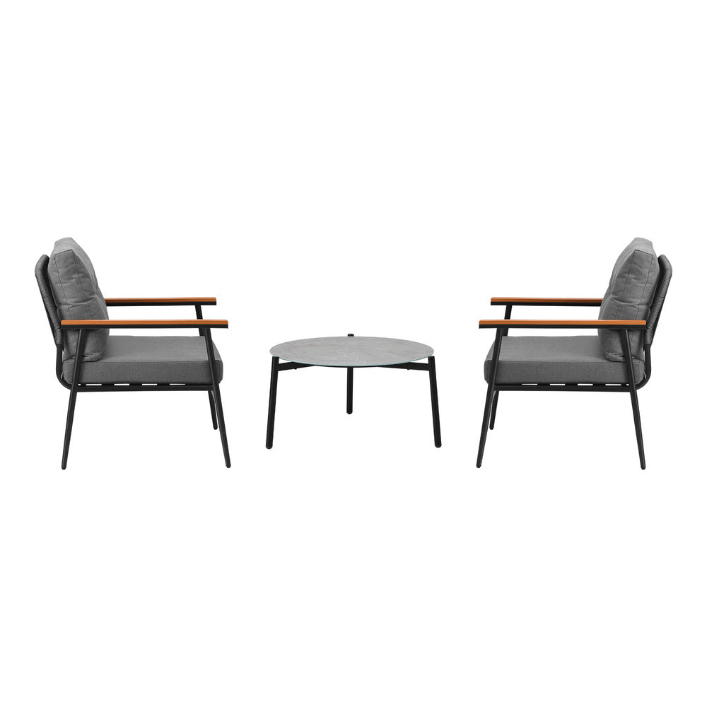 3 Piece Outdoor Patio Set 50cm Table Grey and Black Armchair