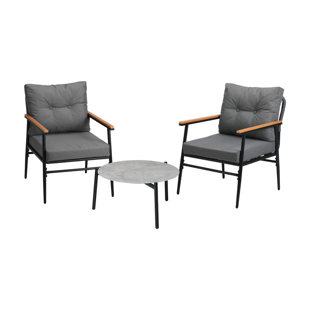 3 Piece Outdoor Patio Set 50cm Table Grey and Black Armchair