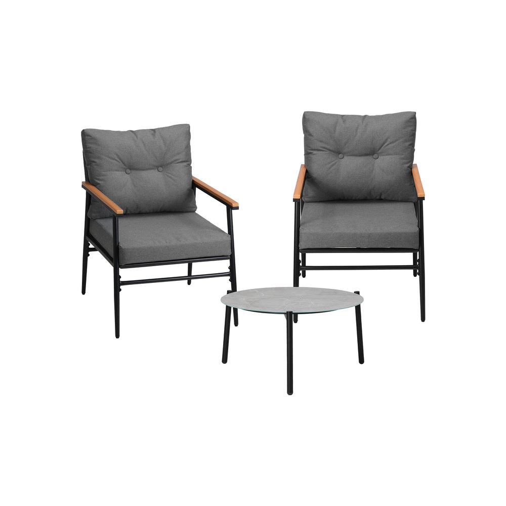 3 Piece Outdoor Patio Set 50cm Table Grey and Black Armchair