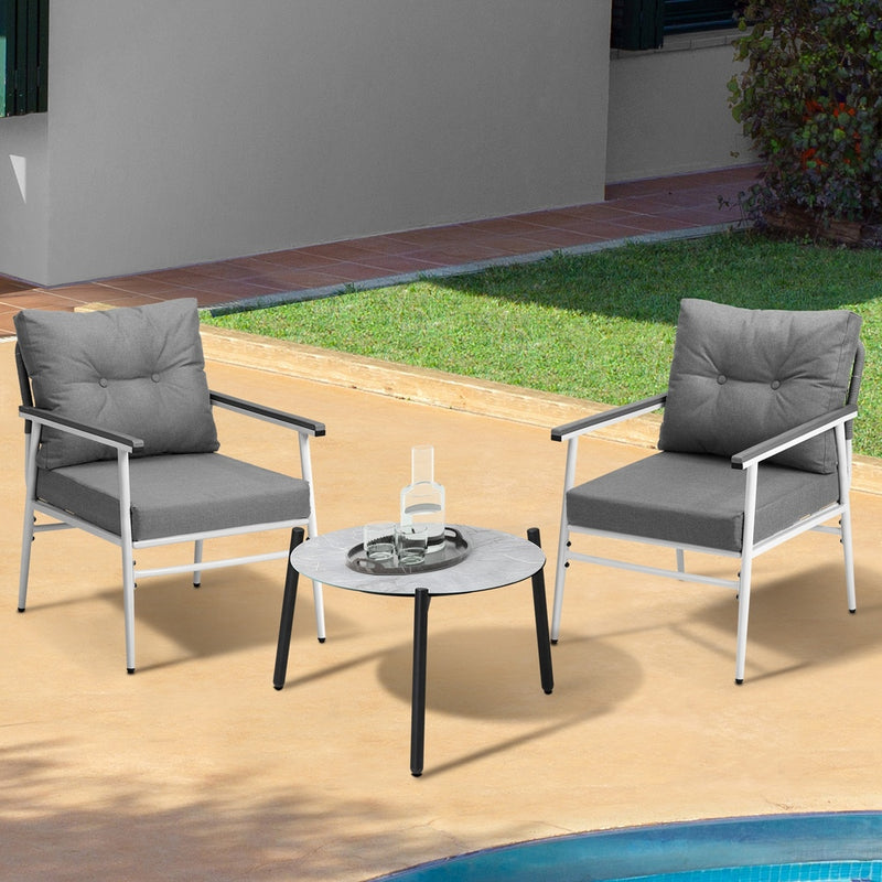 3 Piece Outdoor Patio Set 50cm Table Grey and Black Armchair, Outdoor Patio Set