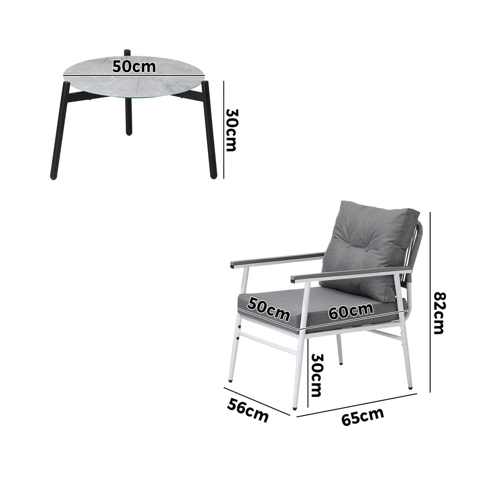 3 Piece Outdoor Patio Set 50cm Table Grey and Black Armchair