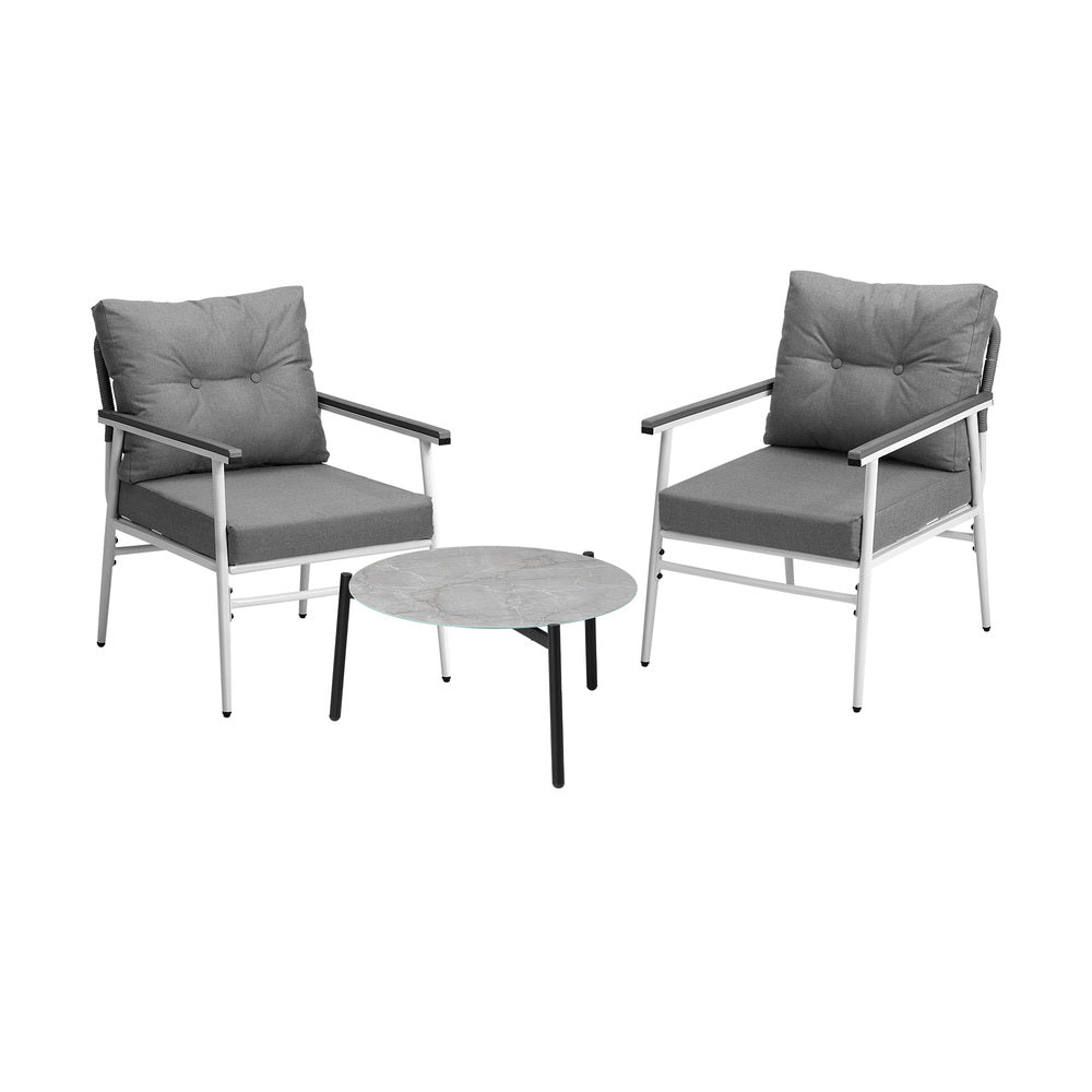 3 Piece Outdoor Patio Set 50cm Table Grey and Black Armchair