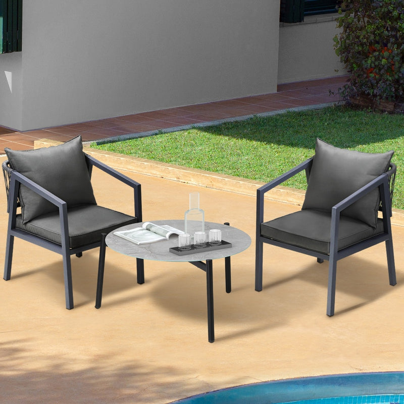 3PCS Outdoor Patio Set 70cm & 50cm Coffee Table Grey Chairs, Outdoor Patio Set