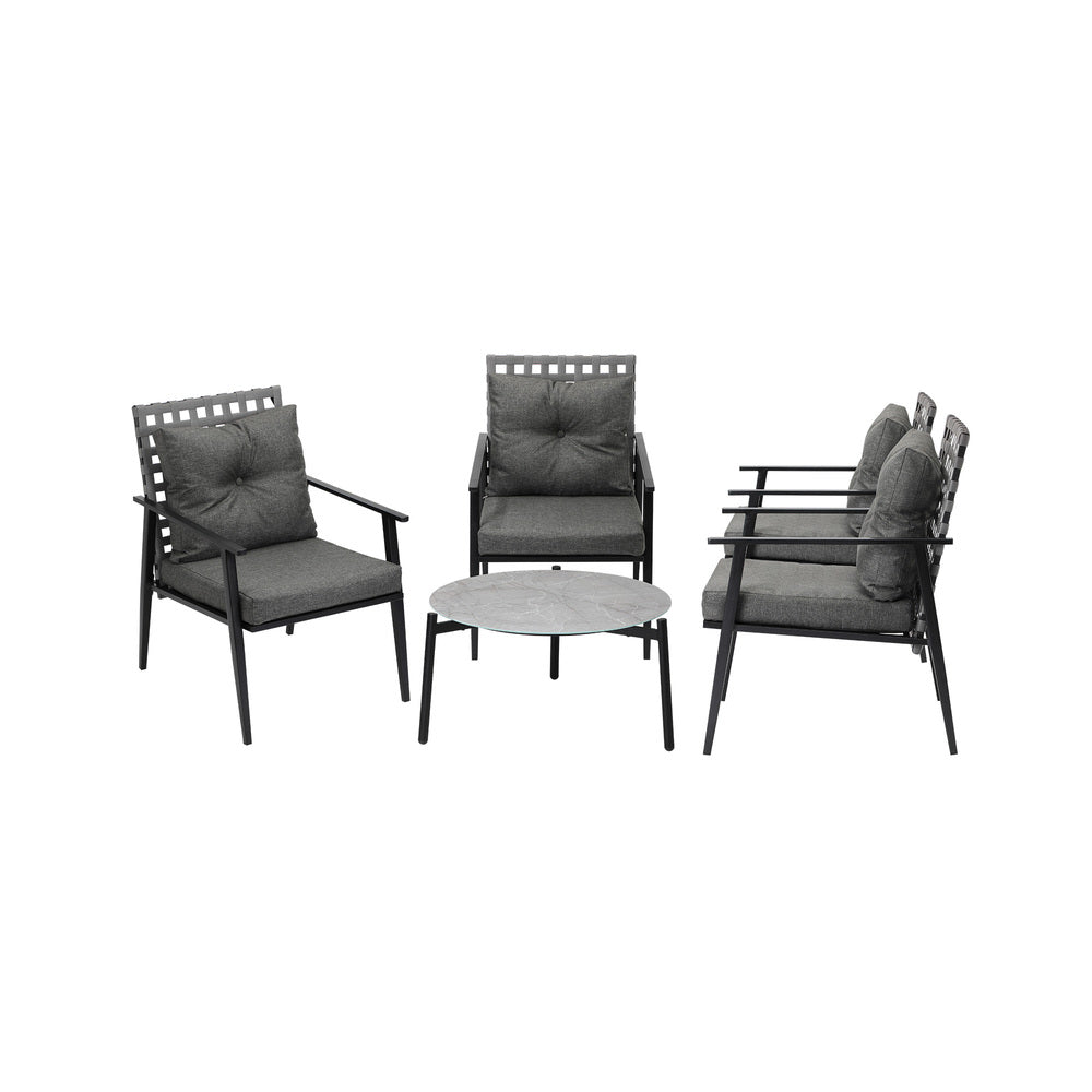 5pc Outdoor Patio Set 70CM Grey Marble Table Rattan Chairs