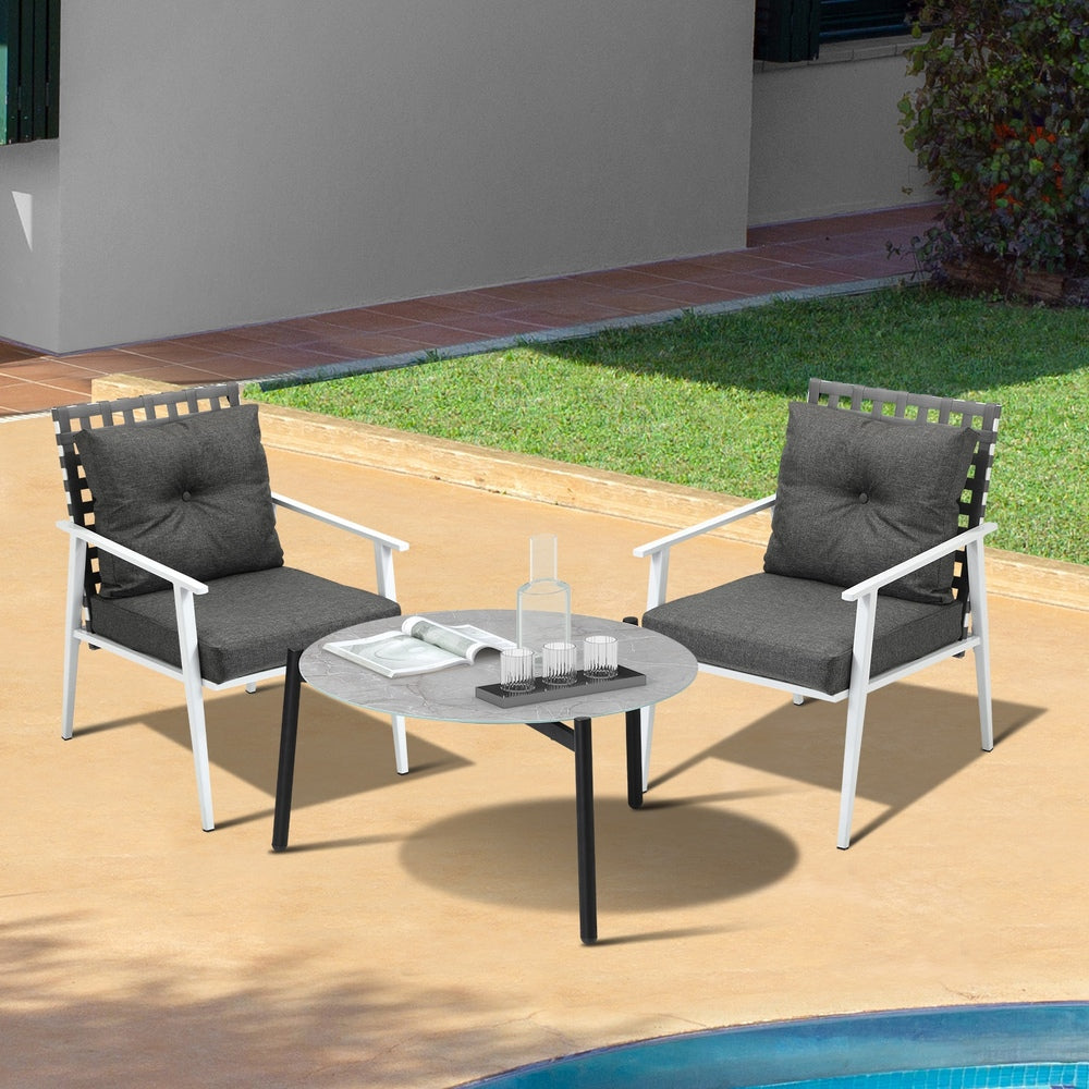 3PC Outdoor Patio Set 70CM Grey Marble Table Rattan Chairs