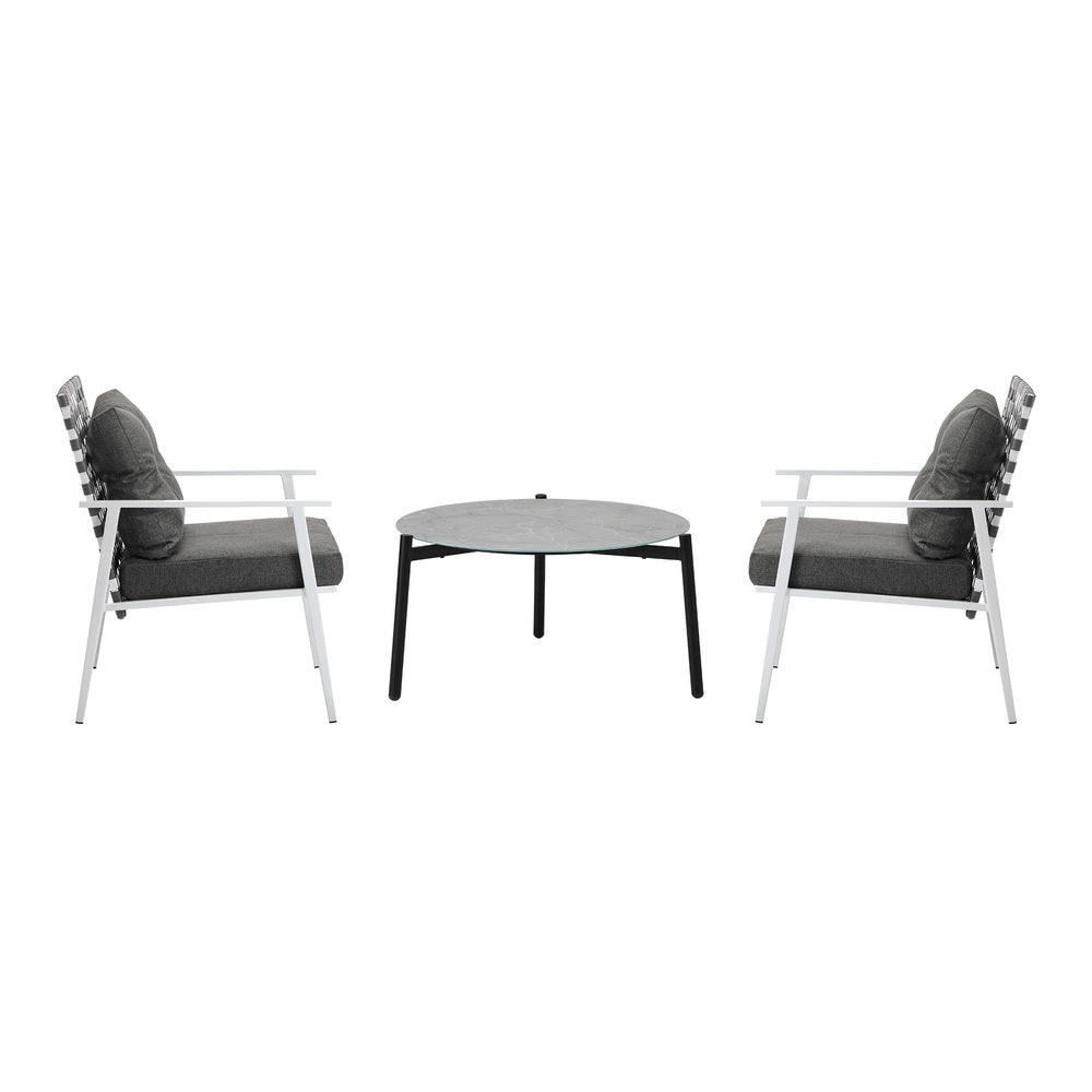 3PC Outdoor Patio Set 70CM Grey Marble Table Rattan Chairs