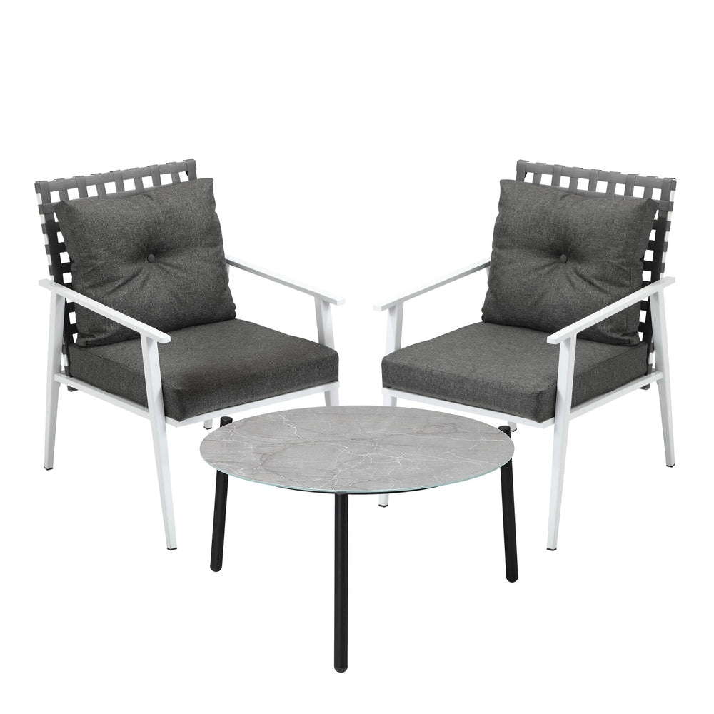 3PC Outdoor Patio Set 70CM Grey Marble Table Rattan Chairs