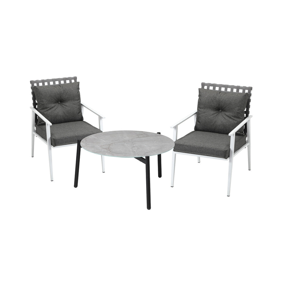 3PC Outdoor Patio Set 70CM Grey Marble Table Rattan Chairs