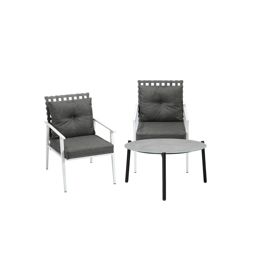 3PC Outdoor Patio Set 70CM Grey Marble Table Rattan Chairs