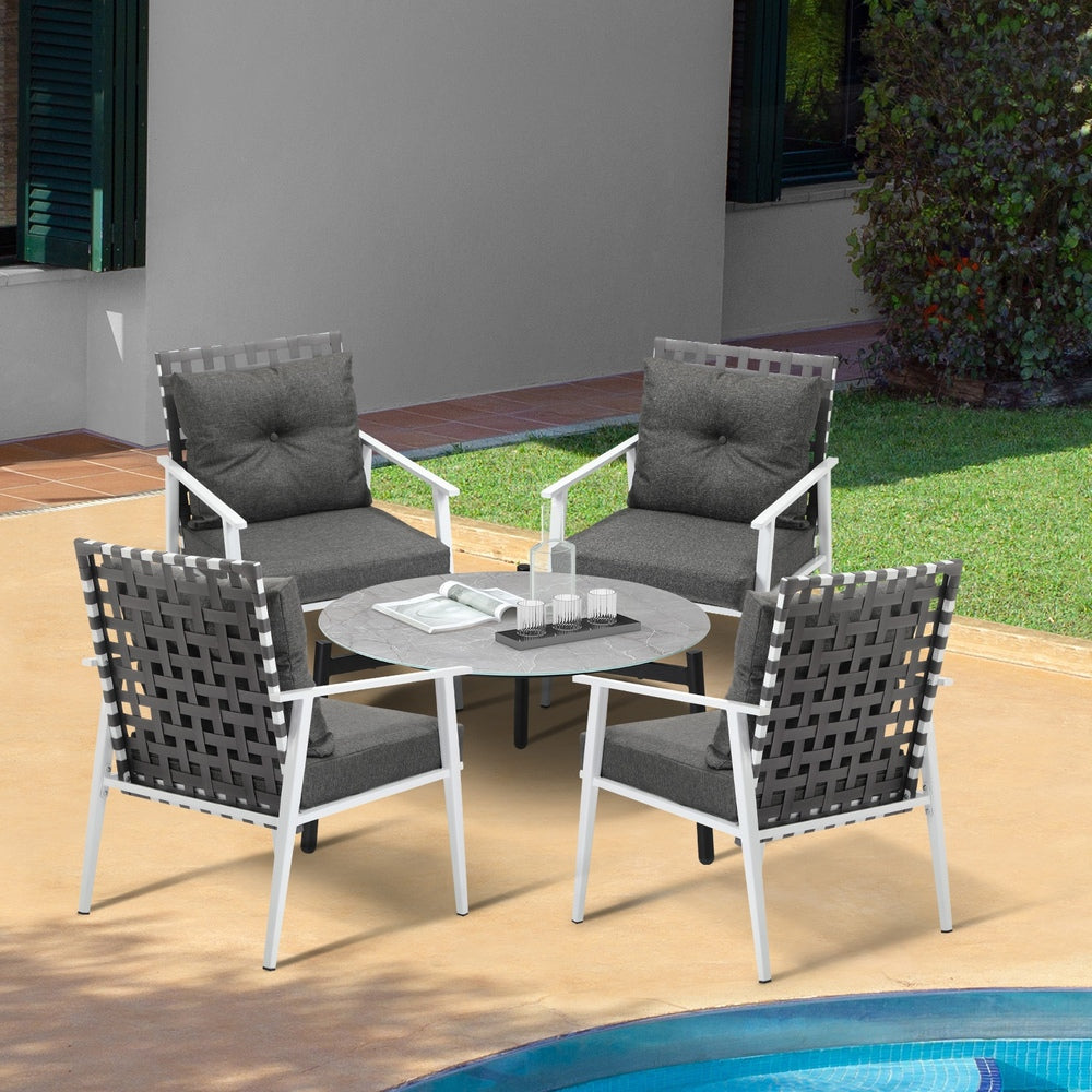 5pc Outdoor Patio Set 70CM Grey Marble Table Rattan Chairs