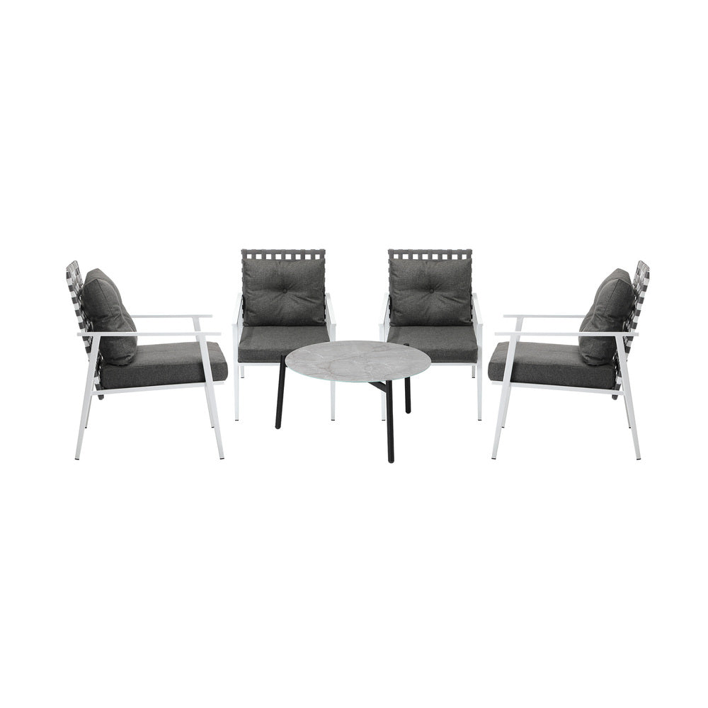 5pc Outdoor Patio Set 70CM Grey Marble Table Rattan Chairs