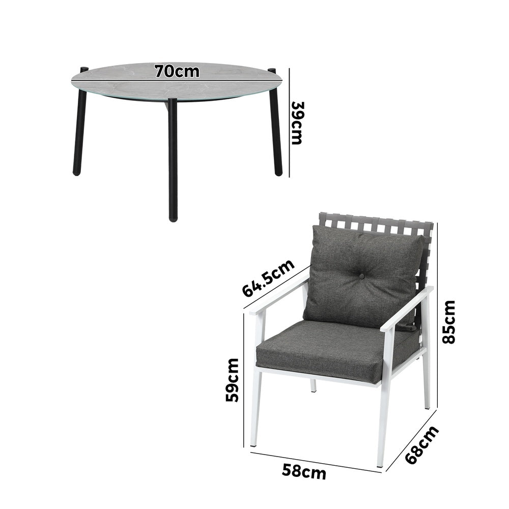 5pc Outdoor Patio Set 70CM Grey Marble Table Rattan Chairs