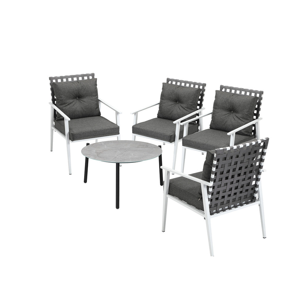 5pc Outdoor Patio Set 70CM Grey Marble Table Rattan Chairs