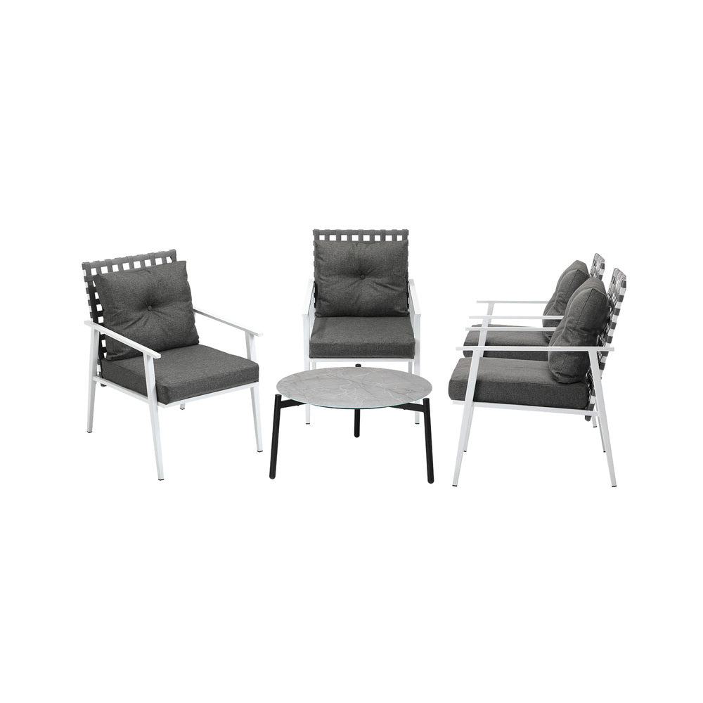 5pc Outdoor Patio Set 70CM Grey Marble Table Rattan Chairs