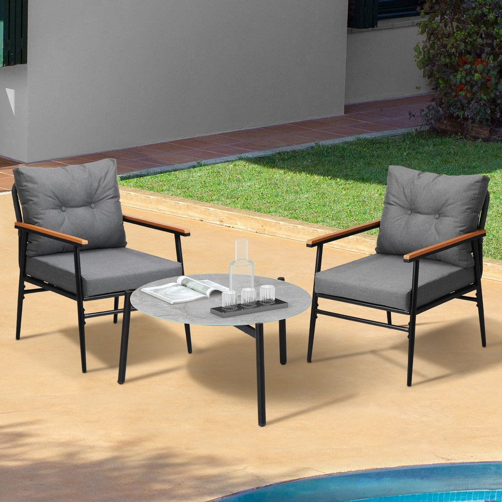 3PC Outdoor Patio Set 70CM Grey Marble Table Rattan Chairs