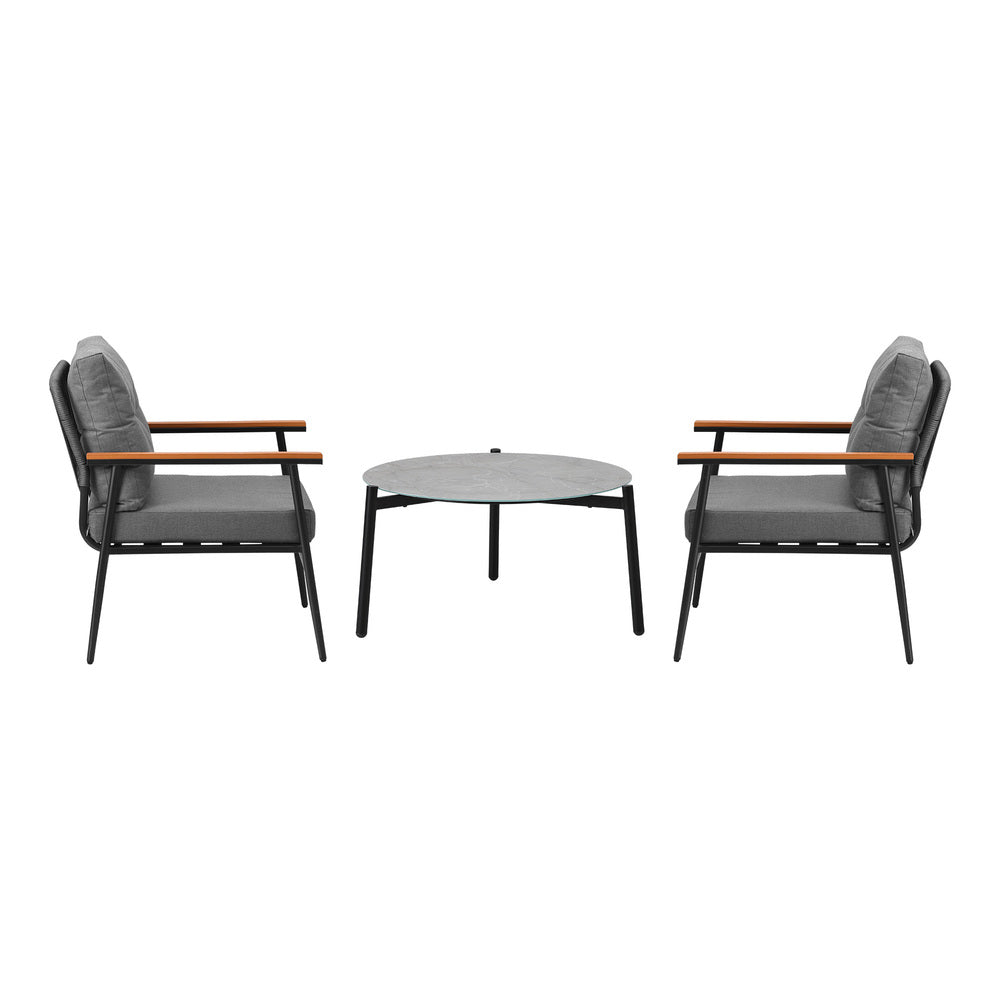 3PC Outdoor Patio Set 70CM Grey Marble Table Rattan Chairs