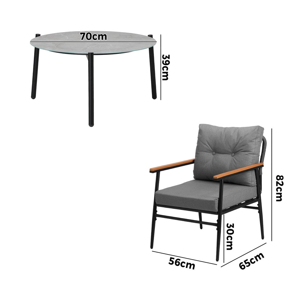 3PC Outdoor Patio Set 70CM Grey Marble Table Rattan Chairs