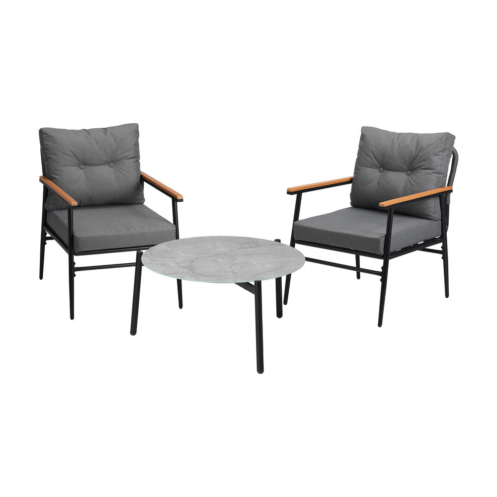 3PC Outdoor Patio Set 70CM Grey Marble Table Rattan Chairs