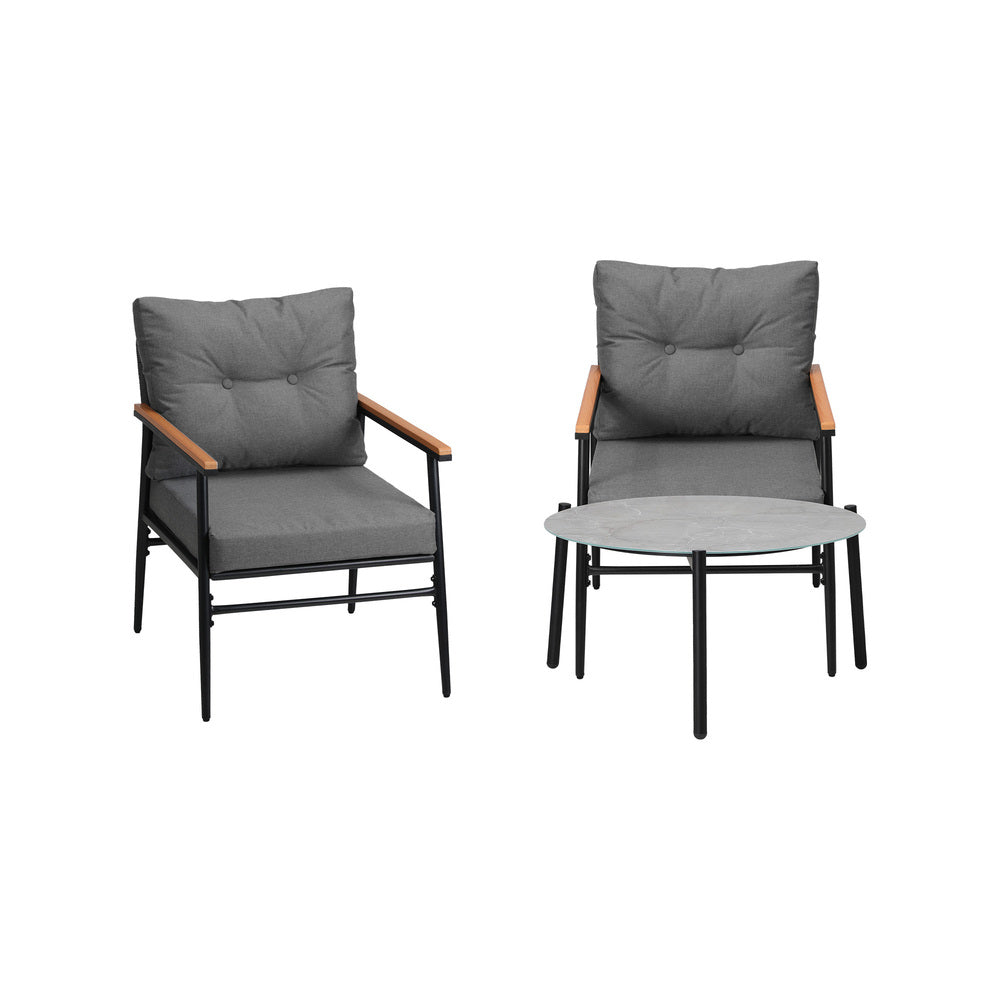 3PC Outdoor Patio Set 70CM Grey Marble Table Rattan Chairs