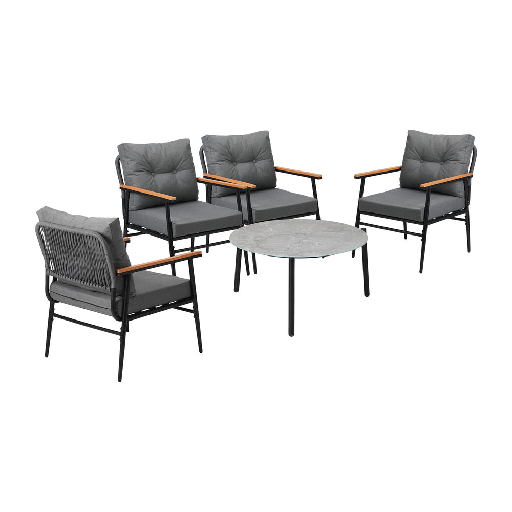5pc Outdoor Patio Setting 70cm Table White Grey & Black Armchairs