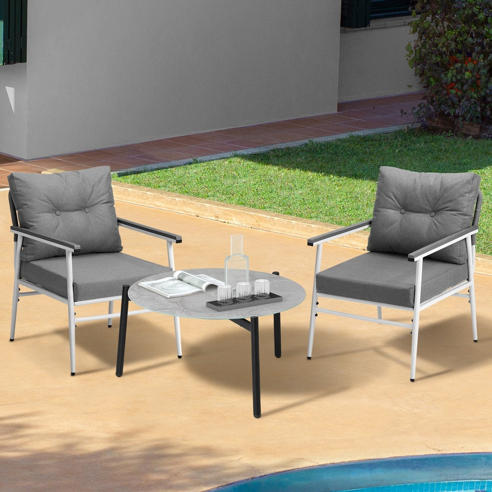 3PC Outdoor Patio Set 70CM Grey Marble Table Rattan Chairs