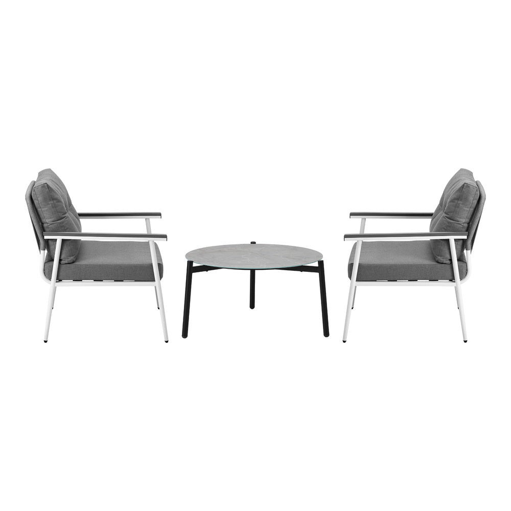 3PC Outdoor Patio Set 70CM Grey Marble Table Rattan Chairs