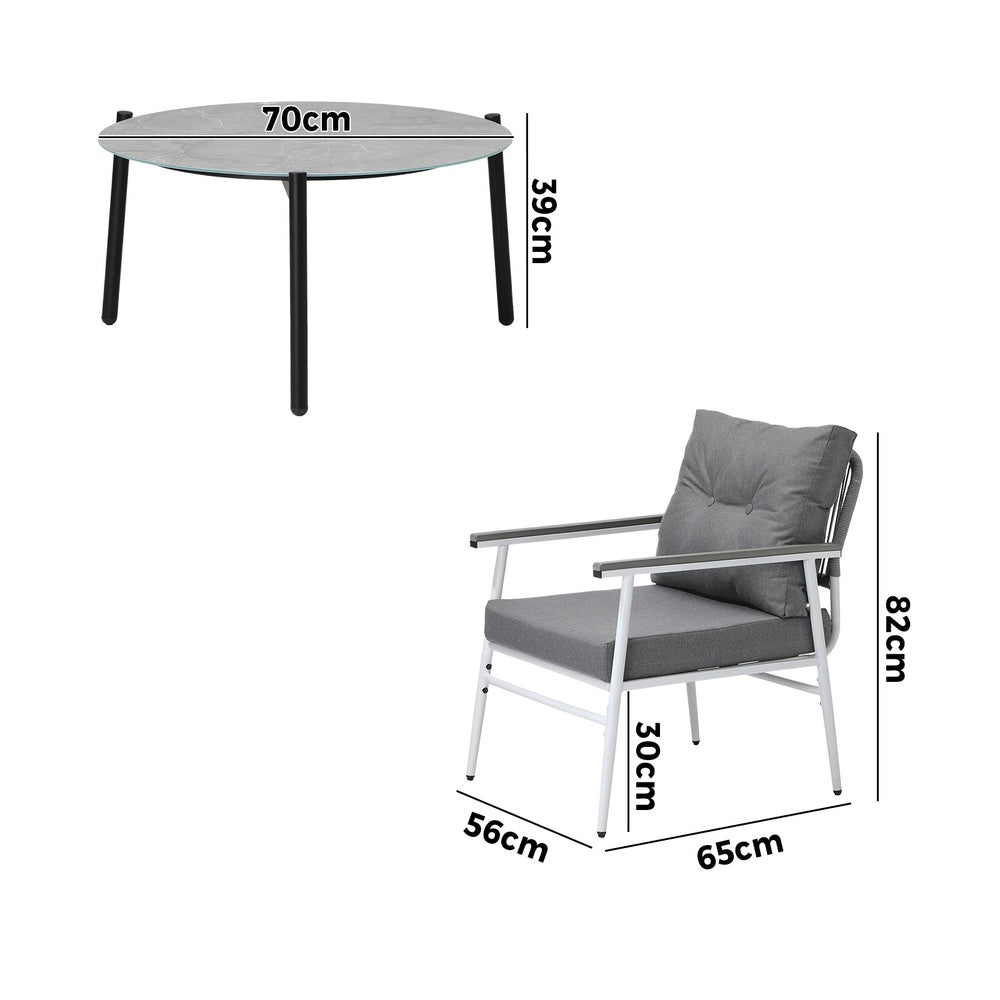 3PC Outdoor Patio Set 70CM Grey Marble Table Rattan Chairs
