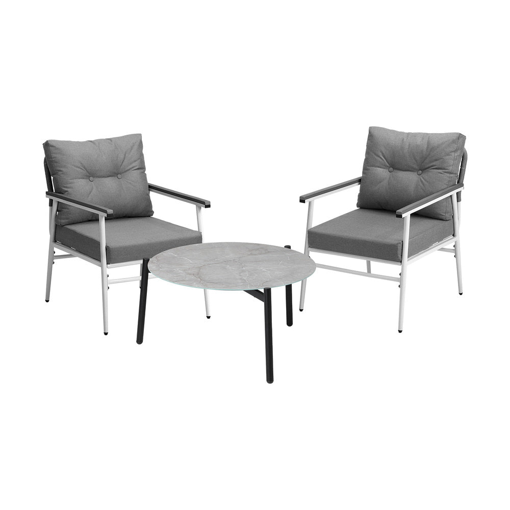 3PC Outdoor Patio Set 70CM Grey Marble Table Rattan Chairs