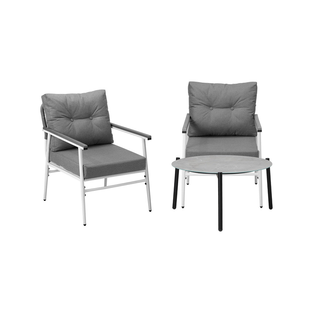 3PC Outdoor Patio Set 70CM Grey Marble Table Rattan Chairs