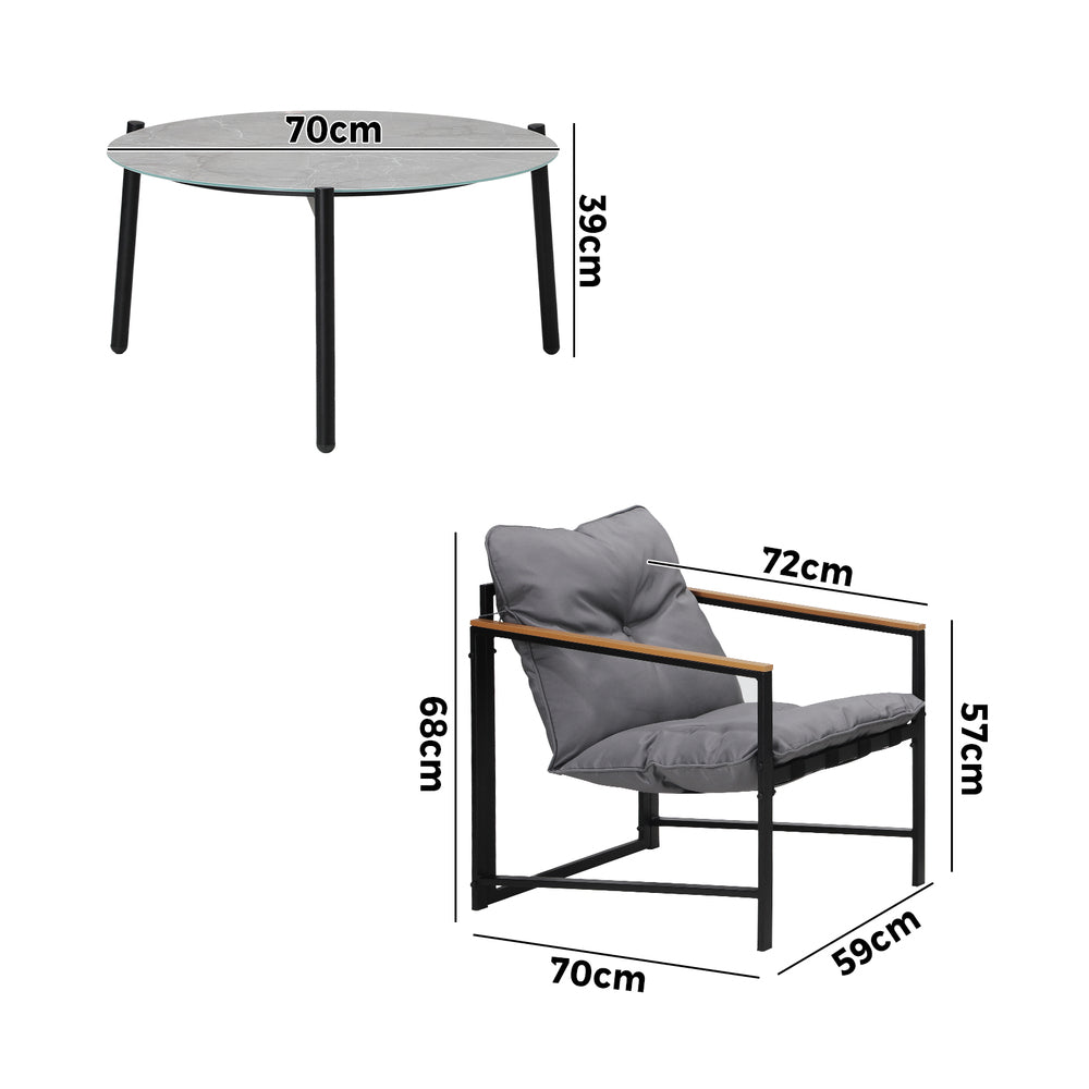 3PC Outdoor Patio Set 70CM Round Table with 2 Armchairs