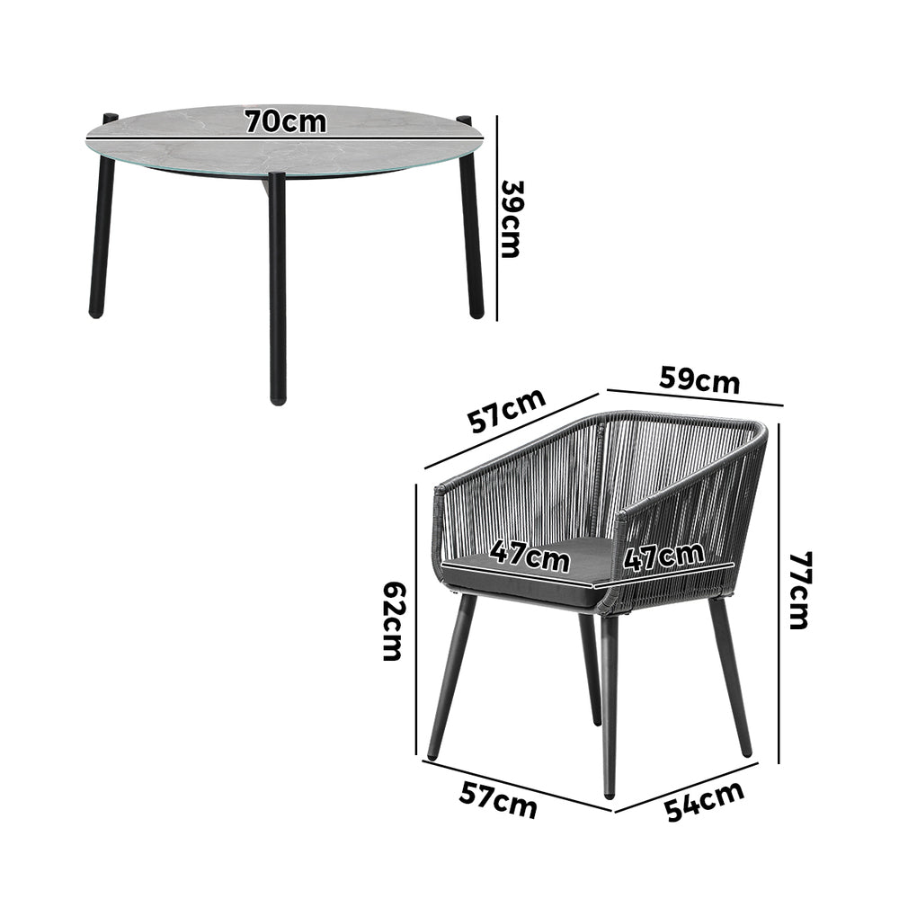 3 Piece Outdoor Patio Set 70cm Table Polyester rope