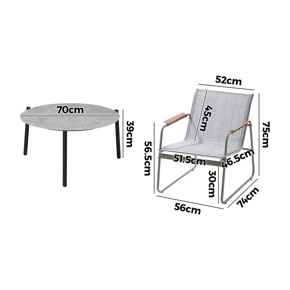 3PCS Outdoor Bistro Set Patio Chair 70cm Grey Table Textilene