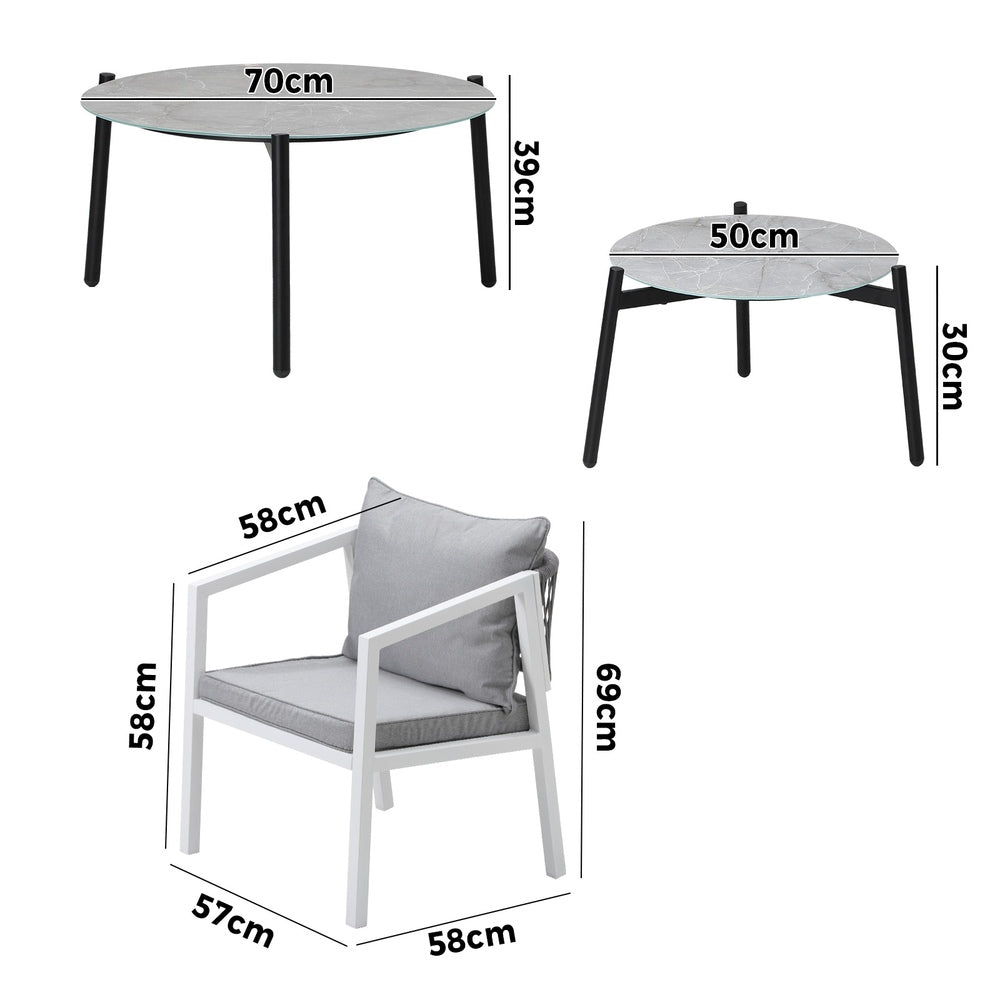 6PCS Outdoor Patio Set with White Chairs & 70cm Grey Coffee Table Garden