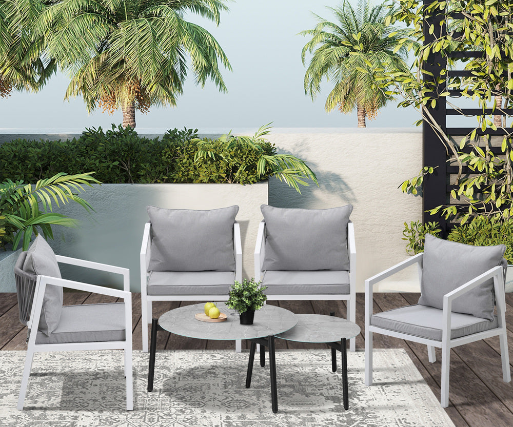 6PCS Outdoor Patio Set with White Chairs & 70cm Grey Coffee Table Garden