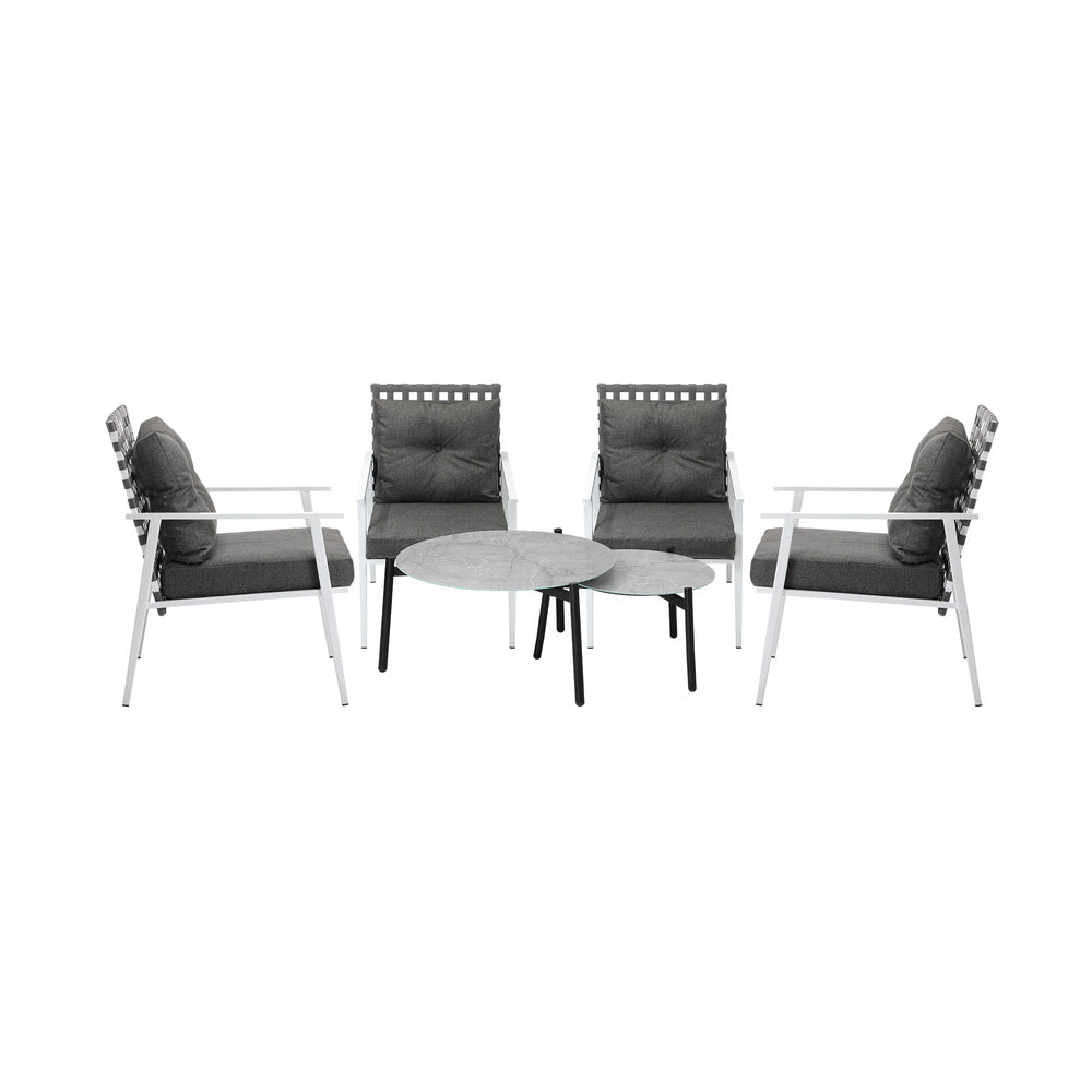 6pc Outdoor Patio Set Grey Round Table 4pc Rattan White Chairs