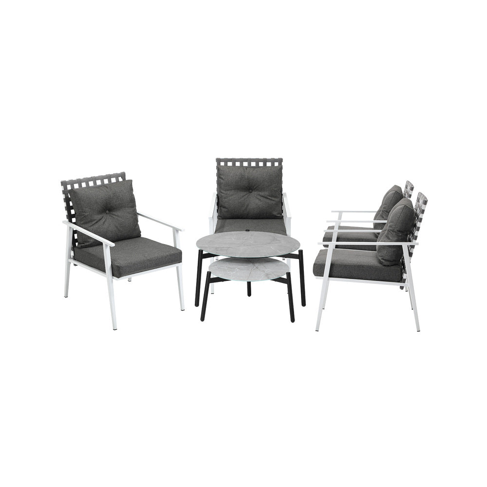 6pc Outdoor Patio Set Grey Round Table 4pc Rattan White Chairs