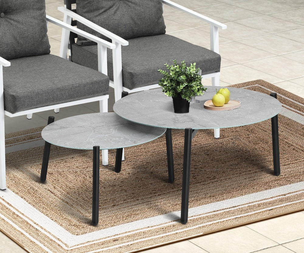 6pc Outdoor Patio Set Grey Round Table 4pc Rattan White Chairs