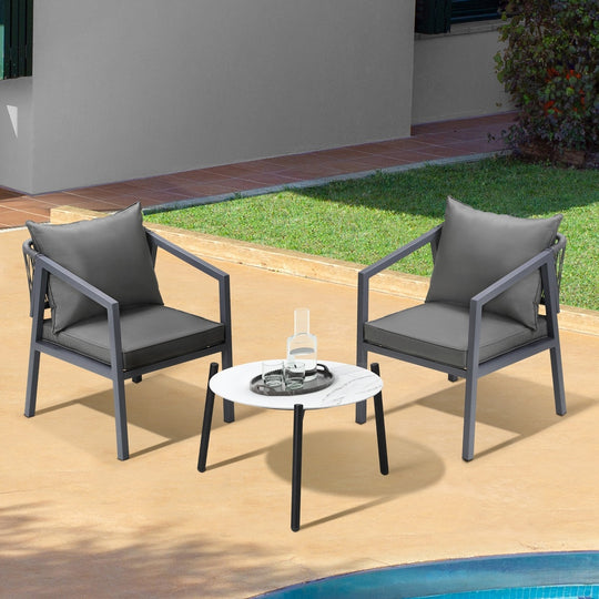 3PCS Outdoor Patio Set White 50cm Coffee Table Grey/Natural Chairs